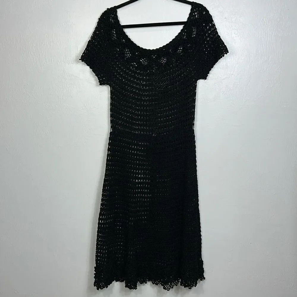 Black Open Knit Vintage Short Sleeve Scoop Neck Midi Dress Size L - Picture 4 of 7